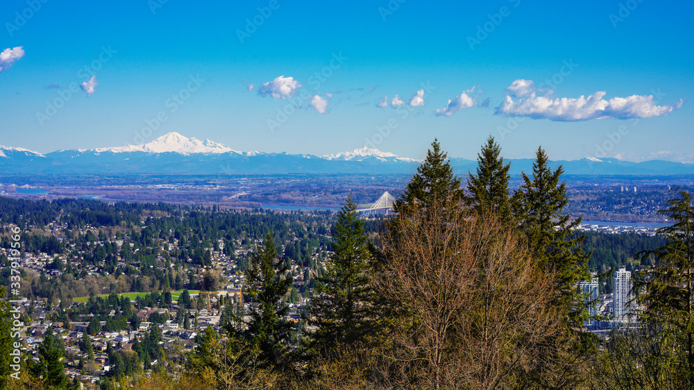 panoramic from mountain across river in valley to distant alpine mountains
