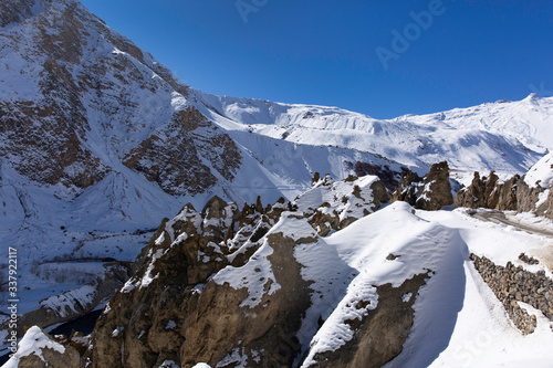 Beautiful snow covered mountains in Spiti valley of Himalayas.