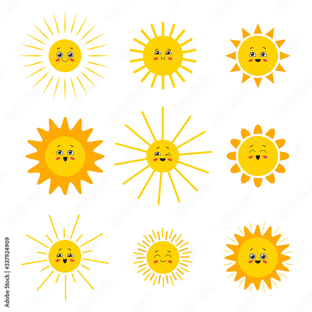 Set of cute kawaii cartoon suns with faces. Vector illustration