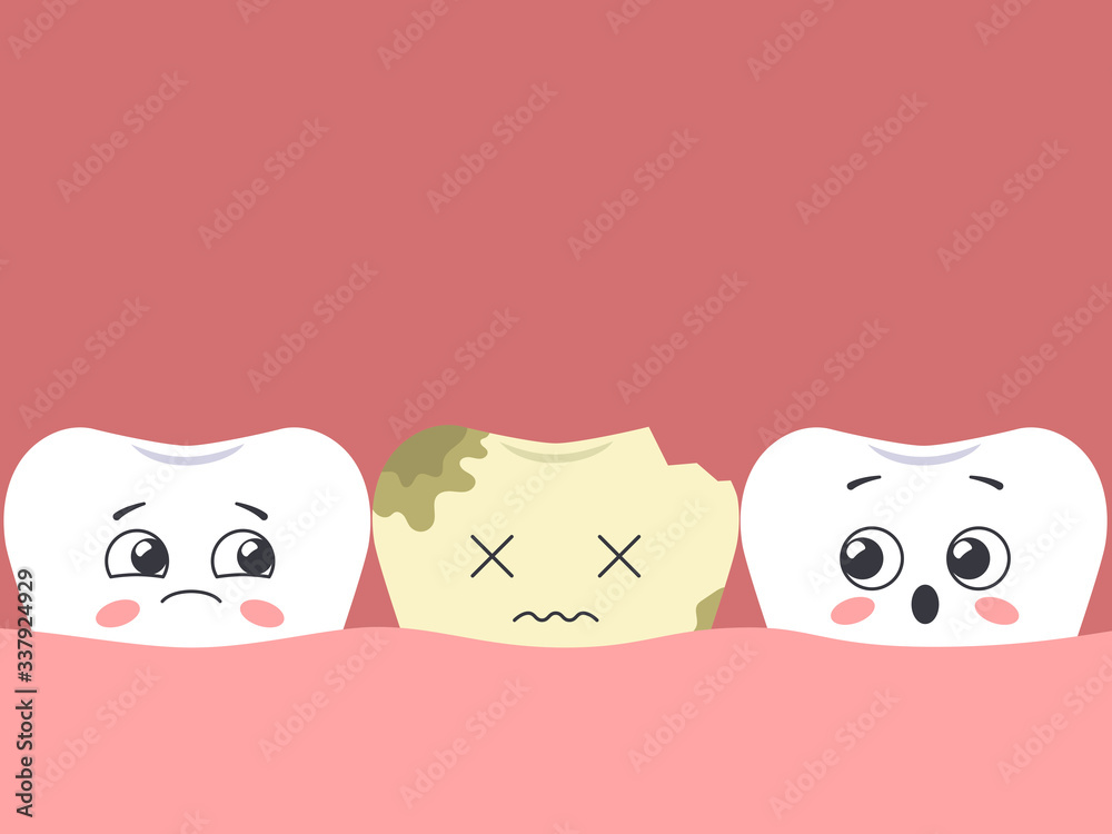 Fototapeta premium Cartoon dead tooth among healthy. Hawaiian teeth. Vector illustration