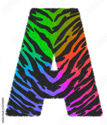 3D illustration Tiger black rainbow print letter A, animal skin fur decorative character A, Tiger 7 colors pattern isolate in white background has clipping path. Design font wildlife safari concept.