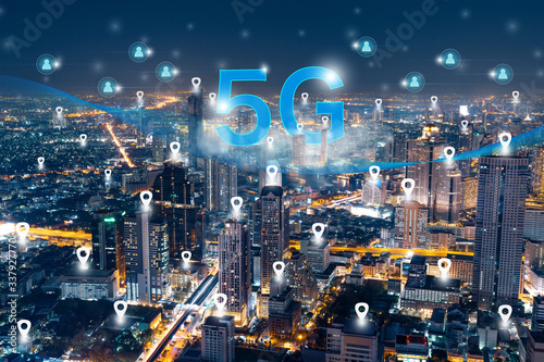Concept of high speed data connection with 5g communication network throughout the capital. Elements of this image furnished by NASA.