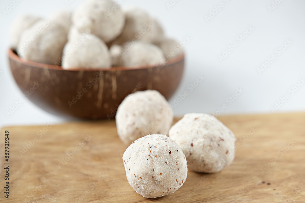 coconut energy balls with almond. healthy sugar free concept. keto diet recipe.