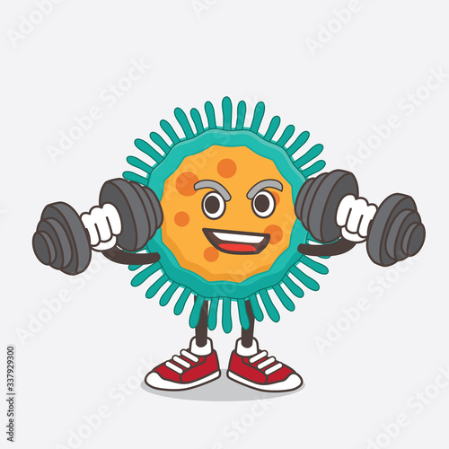 Blue Virus cartoon mascot character on fitness exercise trying barbells