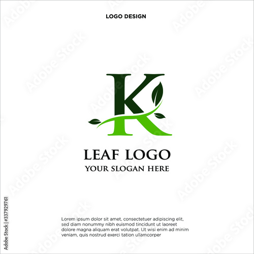 letter K with an abstract leaf and curved line, logo design, isolated on white background.