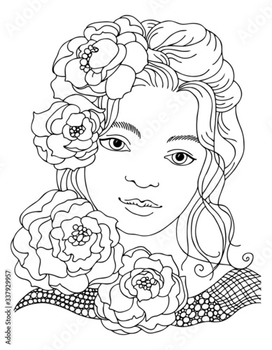 Pretty woman portrait. Beautiful girl with flowers on hair. Hand drawn picture. Sketch for anti-stress adult coloring book. Vector illustration  for coloring page. Fashion illustration.