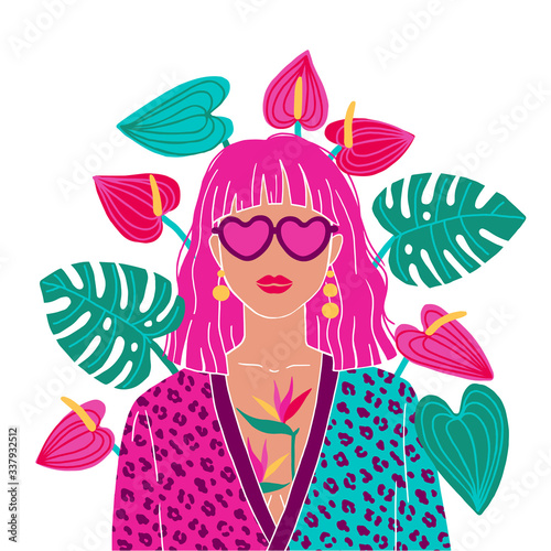 Portrait of a pink hair woman in the urban jungle. Fashion print. Vector illustration