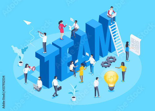 isometric vector image on a blue background, the big word team and people teamwork, light bulb and ladder