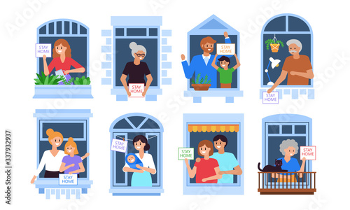 Stay at home and self isolation concept. Coronavirus COVID-19 pandemic quarantine with people characters at open house windows.