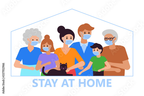 Stay at home and self isolation concept. Coronavirus COVID-19 pandemic quarantine with family wearing medical face masks. Flat cartoon illustration