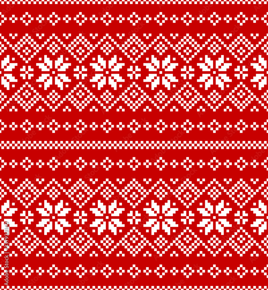 Christmas pattern in red and white. Seamless pixel pattern for wrapping, packaging, or textile designs.