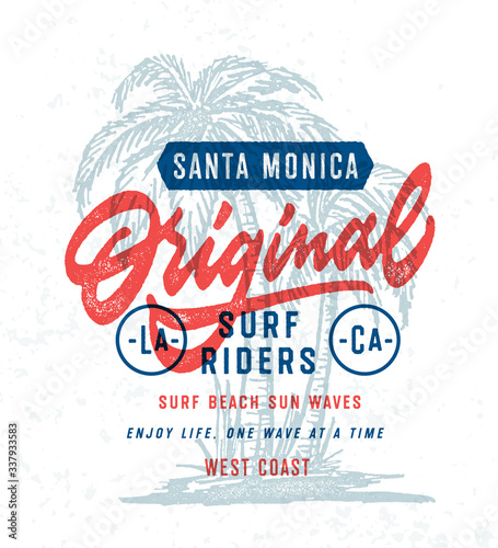 Santa Monica California Original Surf Riders T Shirt Graphics. Surfing Apparel Typography Print. Old School Vintage Retro Surfing Style. 