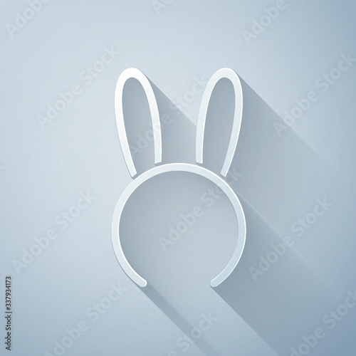 Paper cut Mask with long bunny ears icon isolated on grey background. Fetish accessory. Sex toy for adult. Paper art style. Vector Illustration
