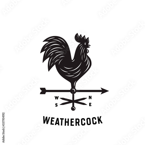Rooster Weather Vane. Weathercock Windvane Silhouette Vector Illustration. Vintage Emblem Badge Logo.