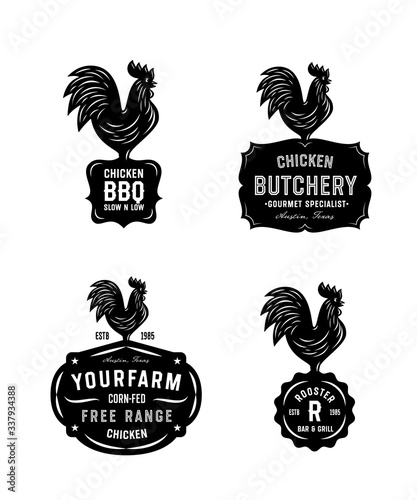 Set of Black Bold and Crisp Badges with Brave Rooster. Collection of Quality Emblems in Retro Style. Vector Illustration. 