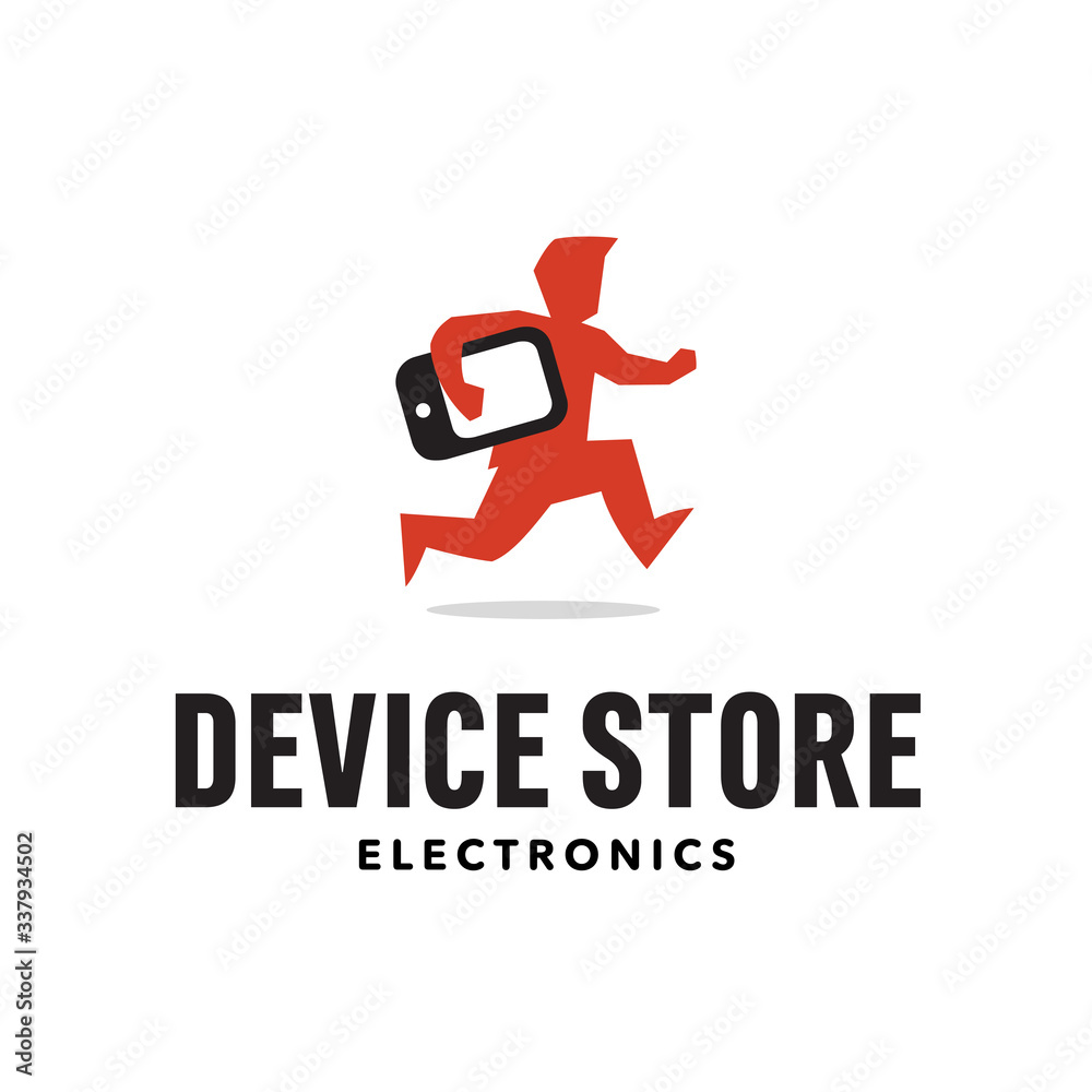 Guy running with a smartphone under his arm. Iconic Loo Design for device store, phone repair store, gadget online website etc. Graphic mark vector illustration