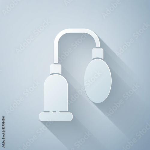 Paper cut Penis pump icon isolated on grey background. Penis enlarger. Sex toy for men. Vacuum pump with a blower to increase the penis. Paper art style. Vector Illustration