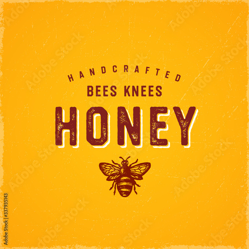 Vintage textured Honey Badge Emblem. Retro Bee Icon. Typographic Logo. 
