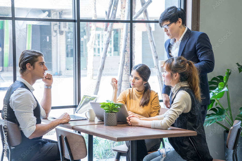 Group of employees and executives meet to discuss work problems, solutions in the working space meeting room.Teamwork concept. Group of employees and executives meet to discuss work problems, solutions in the working space meeting room.Teamwork concept.