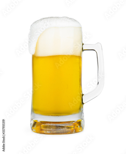 Mug of beer with froth foam on glass isolated on white background with clipping path object design
