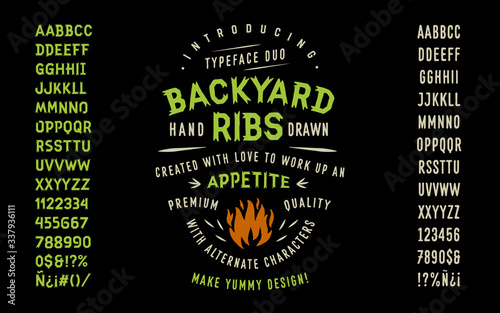 Original Hand Drawn Typeface Duo "Backyard Ribs". Great for Vintage Brands, Barbecue Restaurant, Meat Store, Steakhouse, Farms, Food, Artisan Hand Made Goods, Apparel, Logo and Packaging Design etc. 