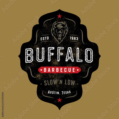 Vintage Textured Buffalo Badge Design. Western Barbecue Emblem. Bison Head Vector Illustration.