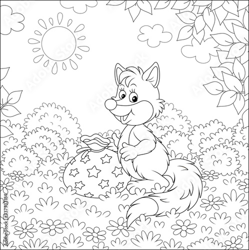 Friendly smiling little fox holding a beautiful bag with a holiday gift on grass of a pretty forest glade on a sunny summer day, black and white vector cartoon illustration