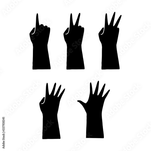 Counting from one to five, black hand silhouette isolated vector. Element for logo design. Hand drawn stylized graphic illustration.