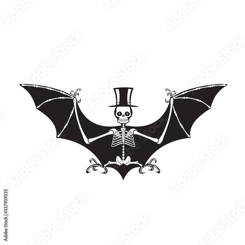 Skeleton of a vampire bat in a hat silhouette on a white isolated background. Vector image