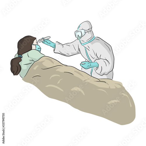 hand drawn; background; sketch; drawing; vector; illustration; isolated; graphic; doodle; examination; infectious; checking; medical; woman; sickness; protection; sick; pandemic; virus; hazmat suit; c