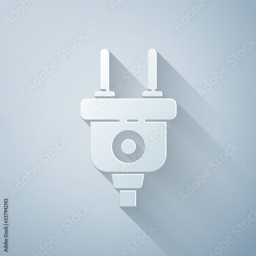 Paper cut Electric plug icon isolated on grey background. Concept of connection and disconnection of the electricity. Paper art style. Vector Illustration