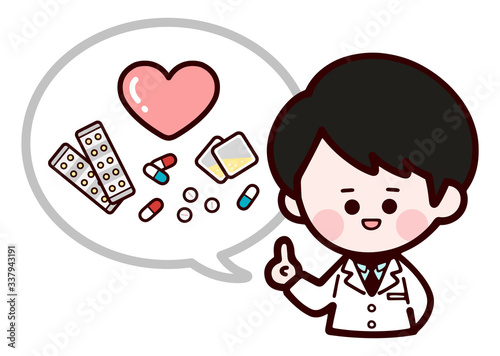 Man Doctor describing medicine / lab coat / speech bubble