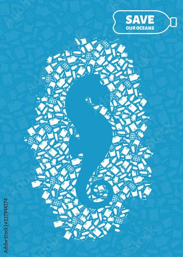 Stop ocean plastic pollution concept vector illustration. Seahorse marine fish silhouette cut in plastic garbage flat icon patch. Global environmental problem, prevent ocean pollution ecology concept.