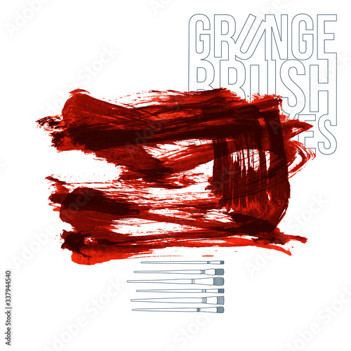 Red brush stroke and texture. Grunge vector abstract hand - painted element. Underline and border design.
