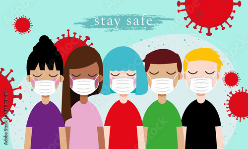 Beware of covid 19 poster with many people wearing mask to self prevention. used for poster, landing page and other. stay safe poster
