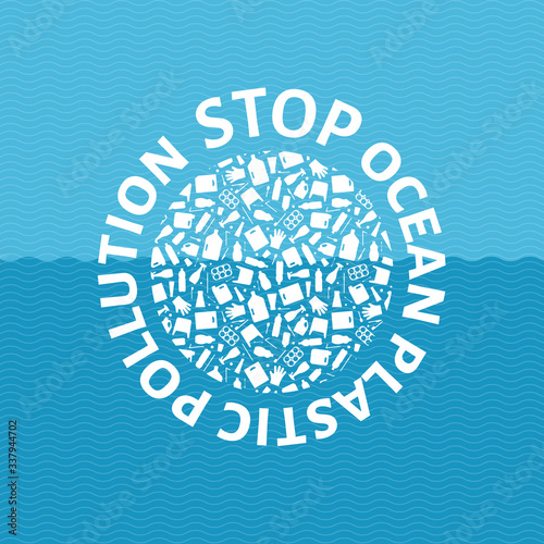 Stop ocean plastic pollution concept vector illustration. Circle globe filled with plastic trash flat icons and round sign. Prevent ocean pollution ecology concept, sustainable lifestyle graphic