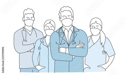 Hand drawn vector illustration of doctors with a masks.