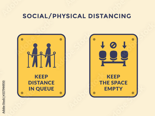 social or physical distancing icon with people in queue and chair stance with yellow black icon sign