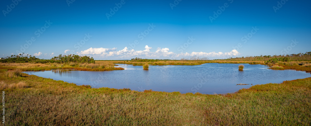 Scenic coastal wetlands lake on bright sunny day in Hastings, Victoria, Australia
