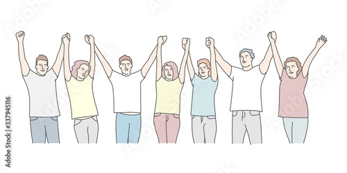 Group of people hold hands, hands are lifted up. Hand drawn vector illustration.