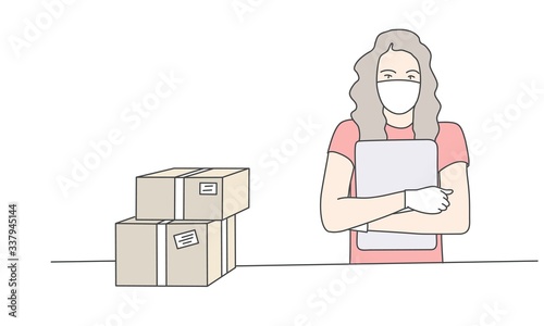 Delivery service. Woman with face mask and file. Hand drawn vector illustration.