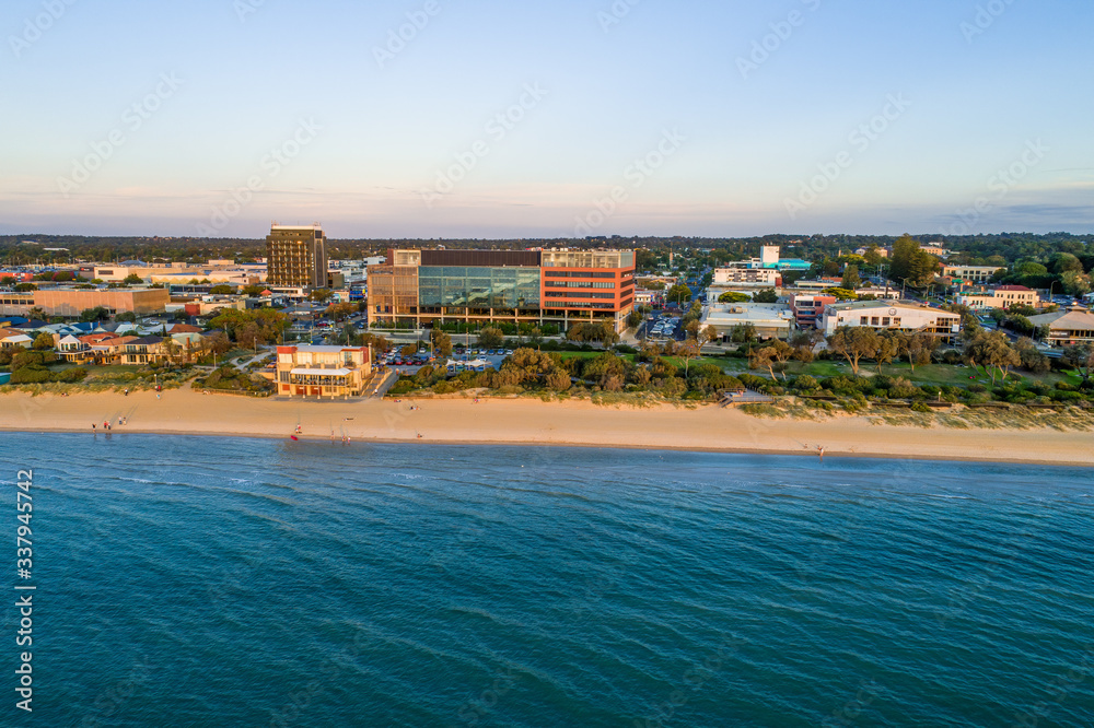 South East Water head office building on the Frankston foreshore - aerial view at sunset in Melbourne, Australia