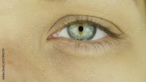 Pupil dilation, one beautiful green female eye. Close-up. Sexual arousal concept photo