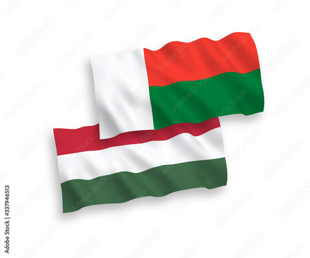 Flags of Madagascar and Hungary on a white background