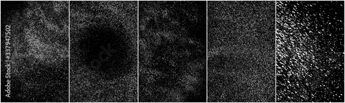 Set of distressed white grainy texture. Dust overlay textured. Grain noise particles. Snow effects pack. Rusted black background. Vector illustration, EPS 10.   