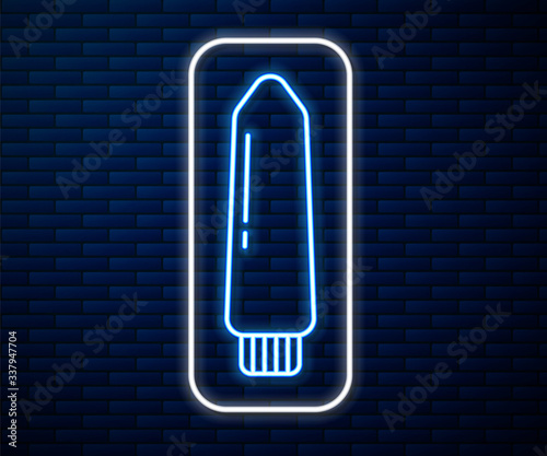 Glowing neon line Dildo vibrator for sex games icon isolated on brick wall background. Sex toy for adult. Vaginal exercise machines for intimate. Vector Illustration