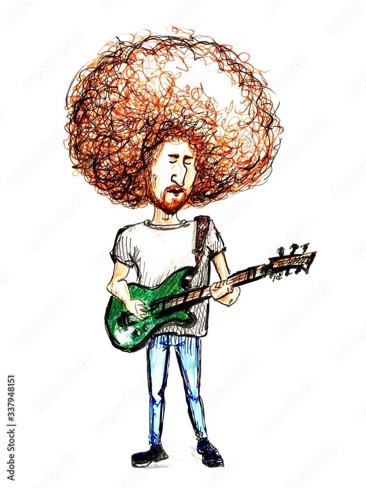 hand drawn cartoon character young man musician guitarist with curly hair standing and playing the guitar isolated on white hand drawn cartoon character young man musician guitarist with curly hair standing and playing the guitar isolated on white