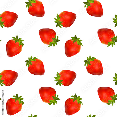 Fototapeta Naklejka Na Ścianę i Meble -  Seamless vector pattern of realistic strawberries scattered randomly on a white background. Suitable for summer motifs and screensavers, as well as scrapbooking paper.