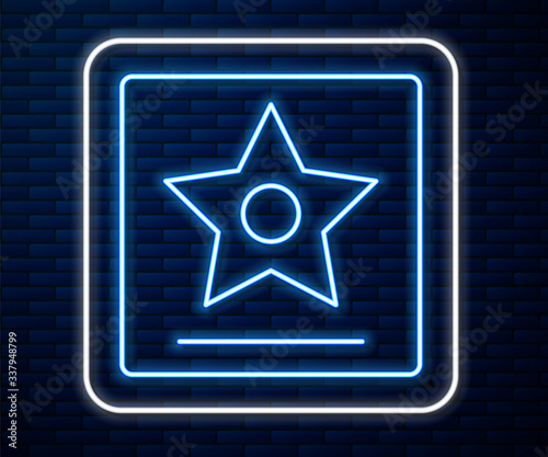 Glowing neon line Hollywood walk of fame star on celebrity boulevard icon isolated on brick wall background. Famous sidewalk, boulevard actor. Vector Illustration