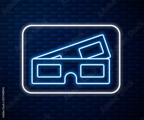 Glowing neon line 3D cinema glasses icon isolated on brick wall background. Vector Illustration